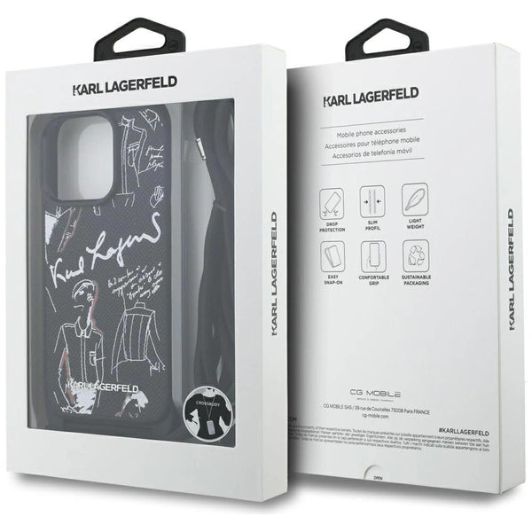 Karl Lagerfeld Crossbody Grained Pattern & Logo Case for iPhone 16 Pro Max 6.9" Black - KLHCP16XPGGRMPCK