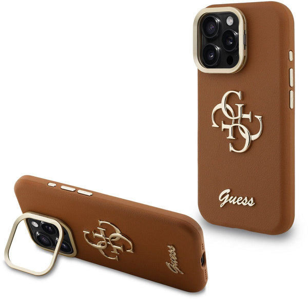 Guess PU Grained 4G Logo Stand Camera Frame Case for iPhone 16 Pro Max 6.9" Brown - GUHCP16XPCS4GSW