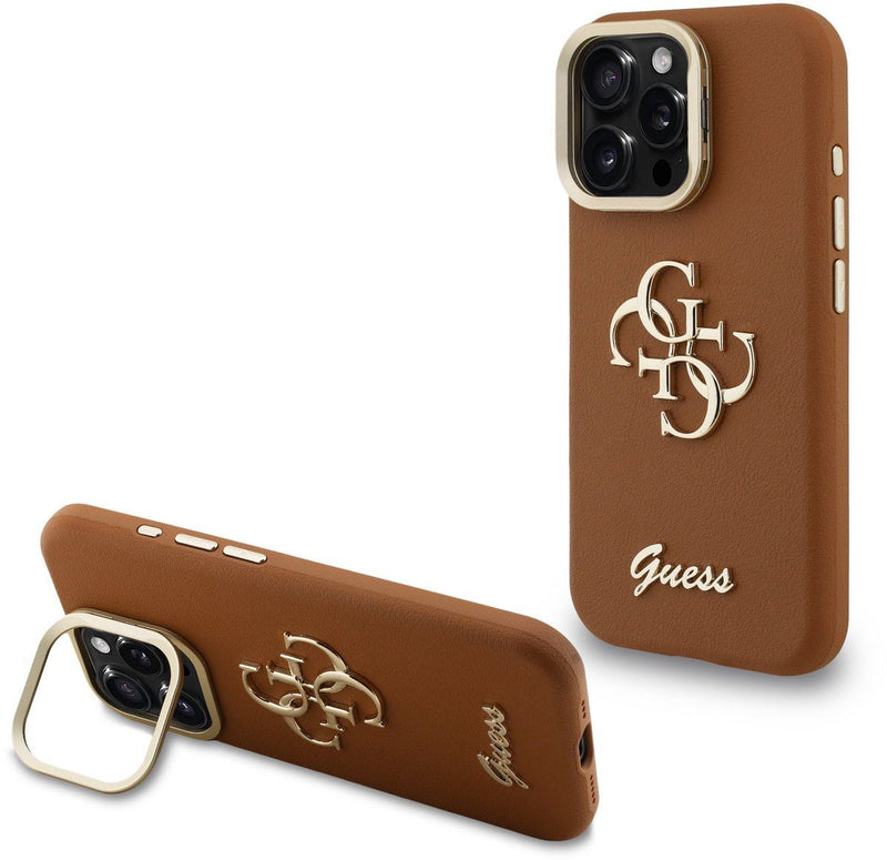 Guess PU Grained 4G Logo Stand Camera Frame Case for iPhone 16 Pro Max 6.9" Brown - GUHCP16XPCS4GSW