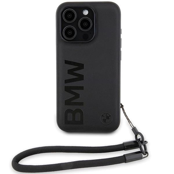 BMW Signature Leather Wordmark Cord Hard Case for iphone 15 Pro 6.1" Black - BMHCP15L23RMRLK