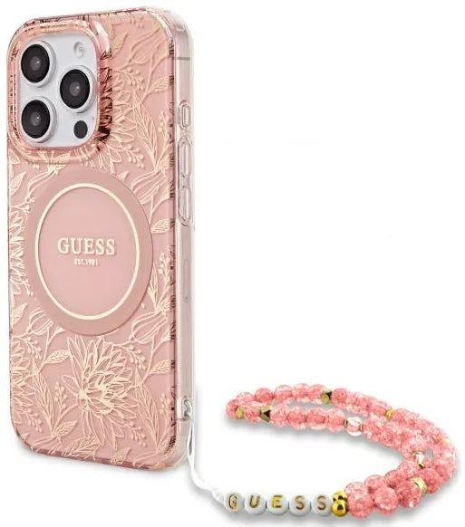 Guess IML Flowers Allover Electro and Pearl Strap Case with MagSafe for iPhone 16 Pro Max 6.9" Pink - GUHMP16XHCPOFPP