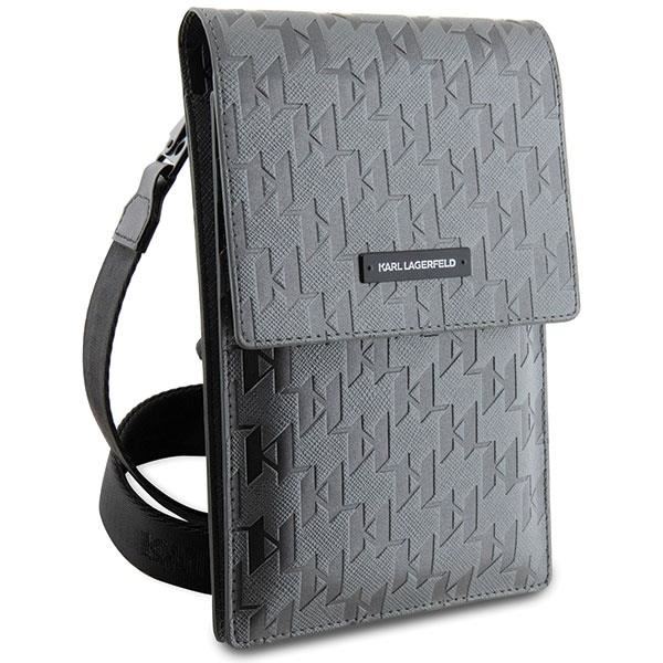 Karl Lagerfeld Saffiano Monogram Plaque Universal Phone Pouch with Strap Silver - KLWBSSAMSMG