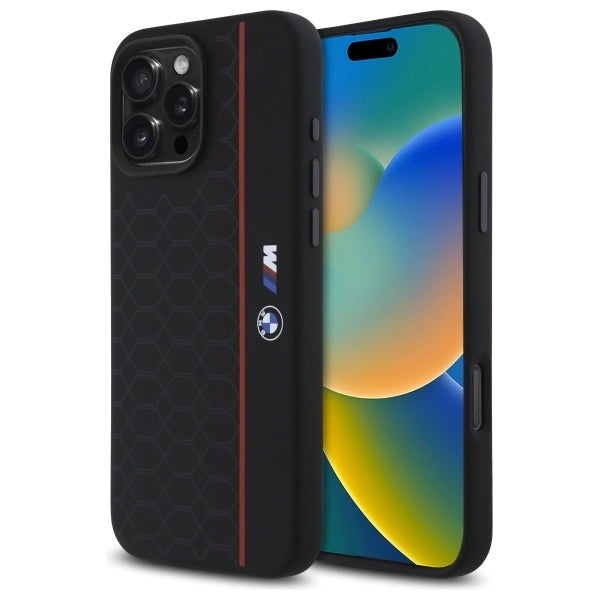 BMW M Series Silicone Hexagon Red Line Case with MagSafe for iPhone 16 Pro Max 6.9" Black - BMHMP16X23SHER