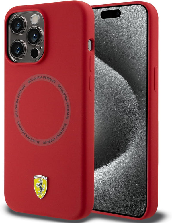 Ferrari Liquid Silicone Case Printed Ring with MagSafe for iphone 15 Pro Max 6.7" Red - FEHMP15XSBAR