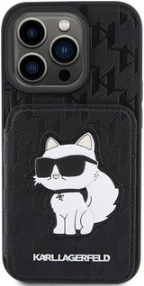 Karl Lagerfeld Saffiano Card Slots and Stand Monogram Choupette Case for iPhone 15 Pro Max 6.7" Black - KLHCP15XSAKCNSCK