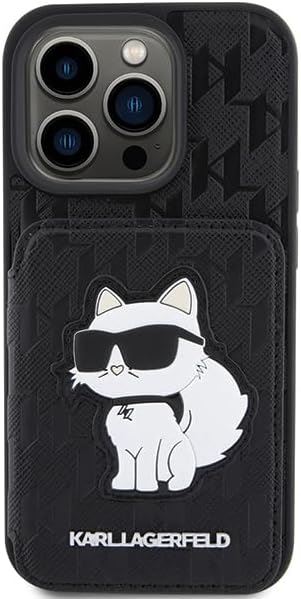 Karl Lagerfeld Saffiano Card Slots and Stand Monogram Choupette Case for iPhone 15 Pro Max 6.7" Black - KLHCP15XSAKCNSCK