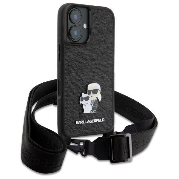Karl Lagerfeld Saffiano Karl & Choupette Metal Pin Crossbody Strap Case for iPhone 16 6.1" Black - KLHCP16SSAKCPBK