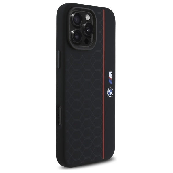 BMW M Series Silicone Hexagon Red Line Case with MagSafe for iPhone 16 Pro Max 6.9" Black - BMHMP16X23SHER