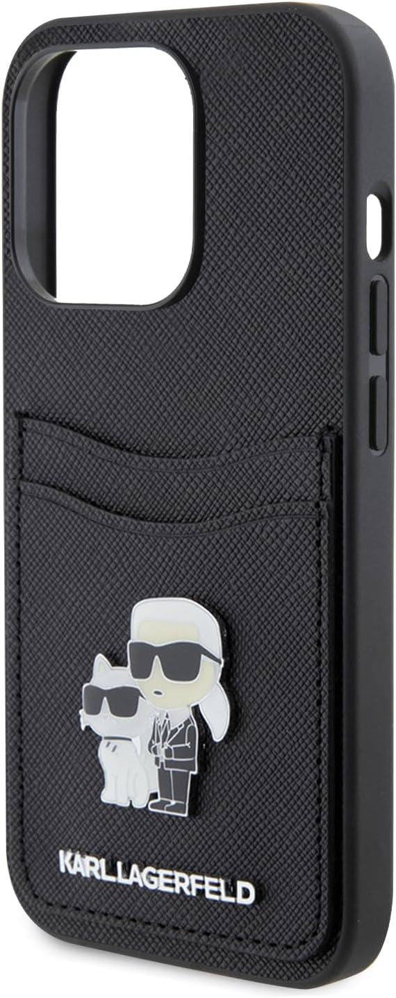 Karl Lagerfeld Saffiano Card Slot KC Metal Pin Hard Case for iphone 15 Pro Max 6.7" Black - KLHCP15XSAPKCNPK