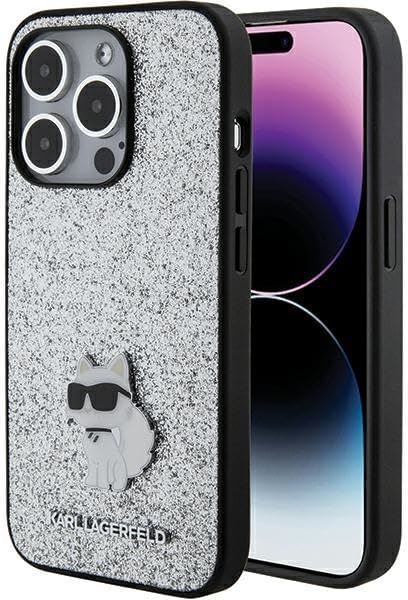 Karl Lagerfeld Fixed Glitter Choupette Logo Metal Pin Hard Case for iphone 15 Pro 6.1" Silver - KLHCP15LGCNPSG