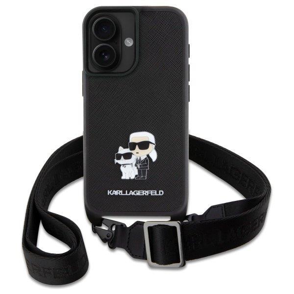 Karl Lagerfeld Saffiano Karl & Choupette Metal Pin Crossbody Strap Case for iPhone 16 6.1" Black - KLHCP16SSAKCPBK