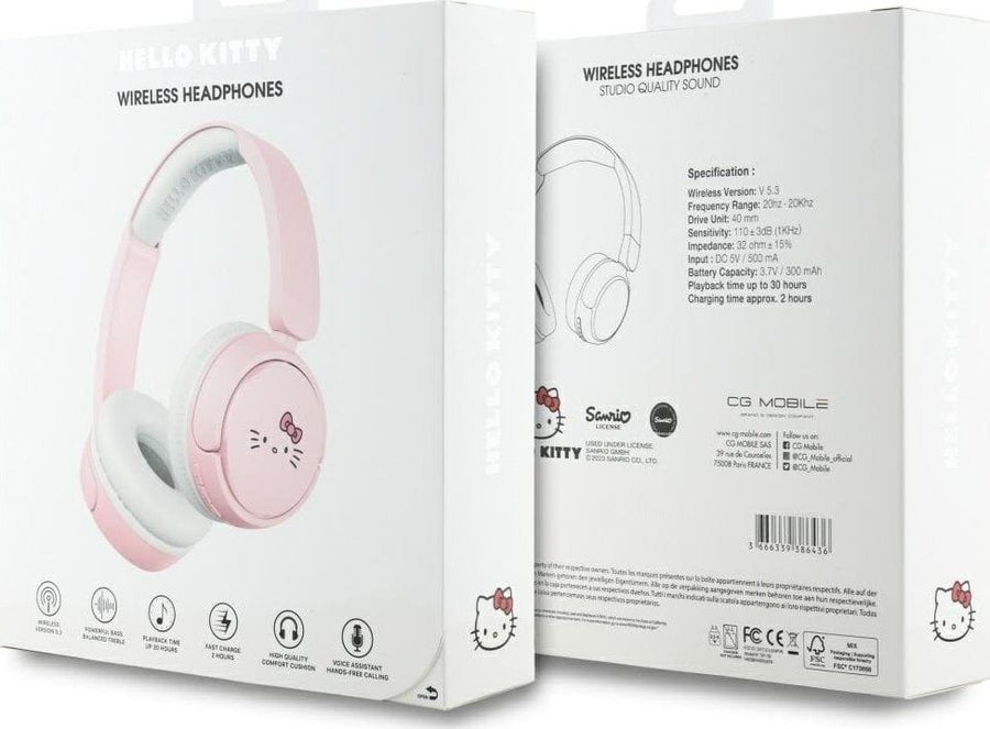 Hello Kitty Face Logo Bluetooth Wireless Headphones Pink