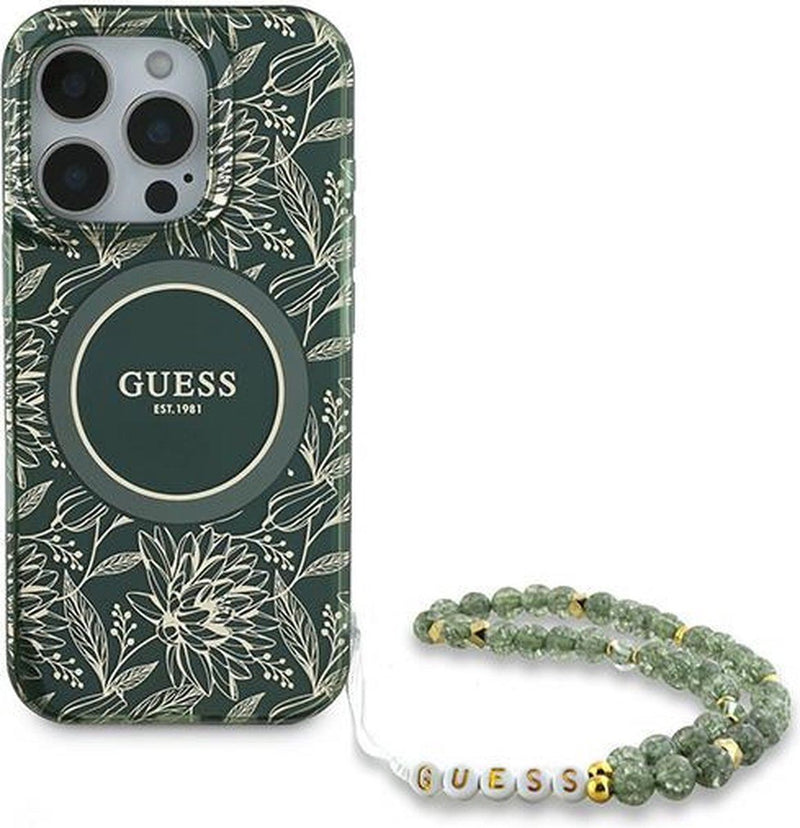 Guess IML Flowers Allover Electro and Pearl Strap Case with MagSafe for iPhone 16 Pro 6.3" Green - GUHMP16LHCPOFPA