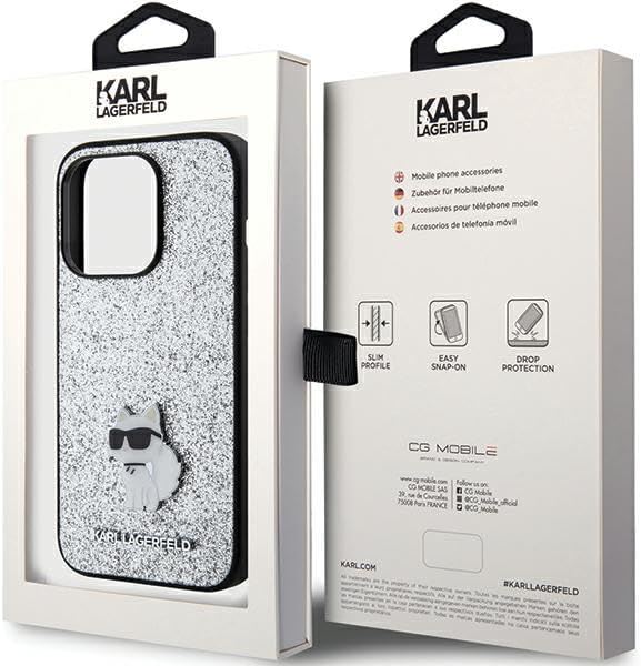Karl Lagerfeld Fixed Glitter Choupette Logo Metal Pin Hard Case for iphone 15 Pro 6.1" Silver - KLHCP15LGCNPSG