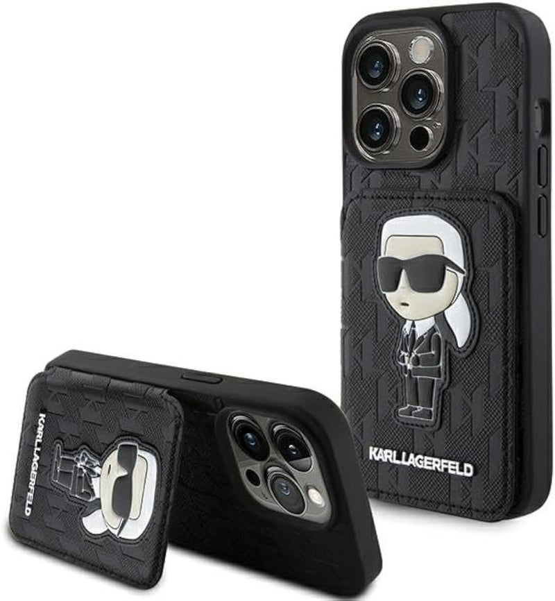 Karl Lagerfeld Saffiano Cardslot with Stand Monogram Ikonik Patch Case for iphone 15 Pro 6.1" Black - KLHCP15LSAKKNSCK