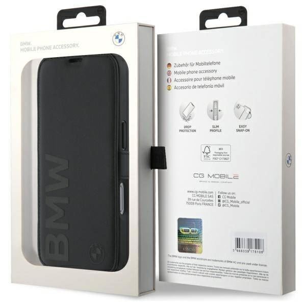 BMW Signature Leather Wordmark Bookcase for iPhone 16 6.1" Black - BMBKP16S23RMRLK