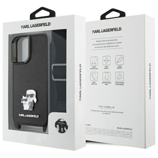 Karl Lagerfeld Saffiano Karl & Choupette Metal Pin Crossbody Strap Case for iPhone 16 6.1" Black - KLHCP16SSAKCPBK