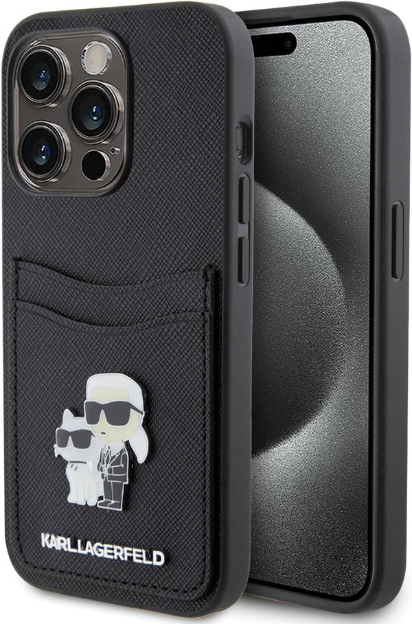 Karl Lagerfeld Saffiano Card Slot KC Metal Pin Hard Case for iphone 15 Pro Max 6.7" Black - KLHCP15XSAPKCNPK