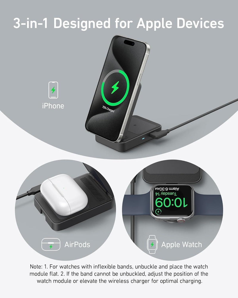 Anker MagGo 3-in-1 15W Qi2 Wireless Charging Station with Plug Black - B25M5K11