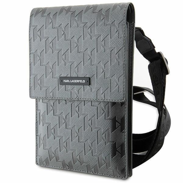 Karl Lagerfeld Saffiano Monogram Plaque Universal Phone Pouch with Strap Silver - KLWBSSAMSMG