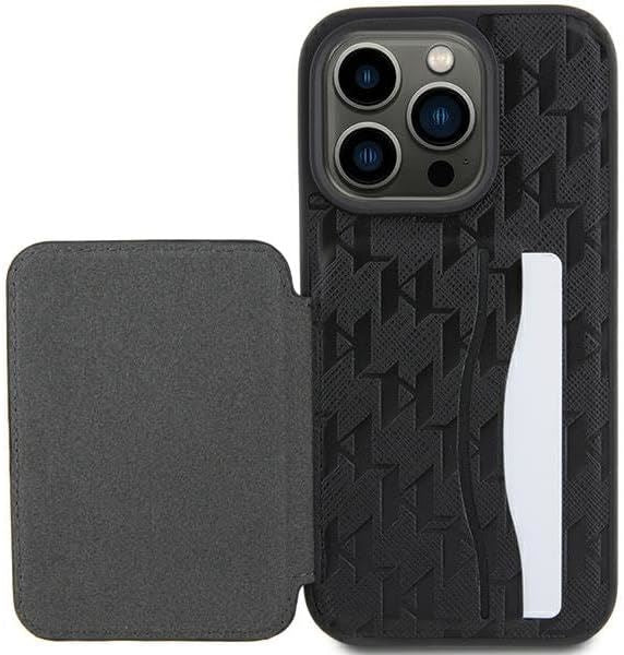 Karl Lagerfeld Saffiano Card Slots and Stand Monogram Choupette Case for iPhone 15 Pro Max 6.7" Black - KLHCP15XSAKCNSCK