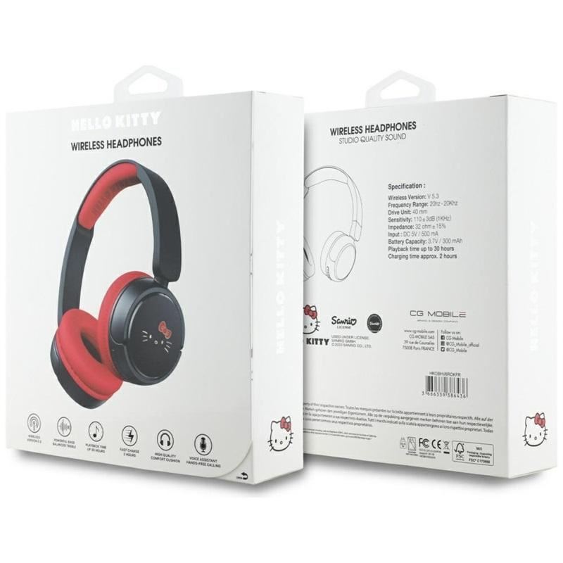 Hello Kitty Face Logo Bluetooth Wireless Headphones Black/Red - HKOBHV6ROKFR