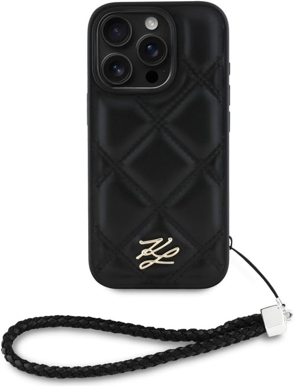 Karl Lagerfeld Quilted Initial Logo with Chain Strap Case for iPhone 16 Pro Max 6.9" Black - KLHCP16XPSQSKLSMSK