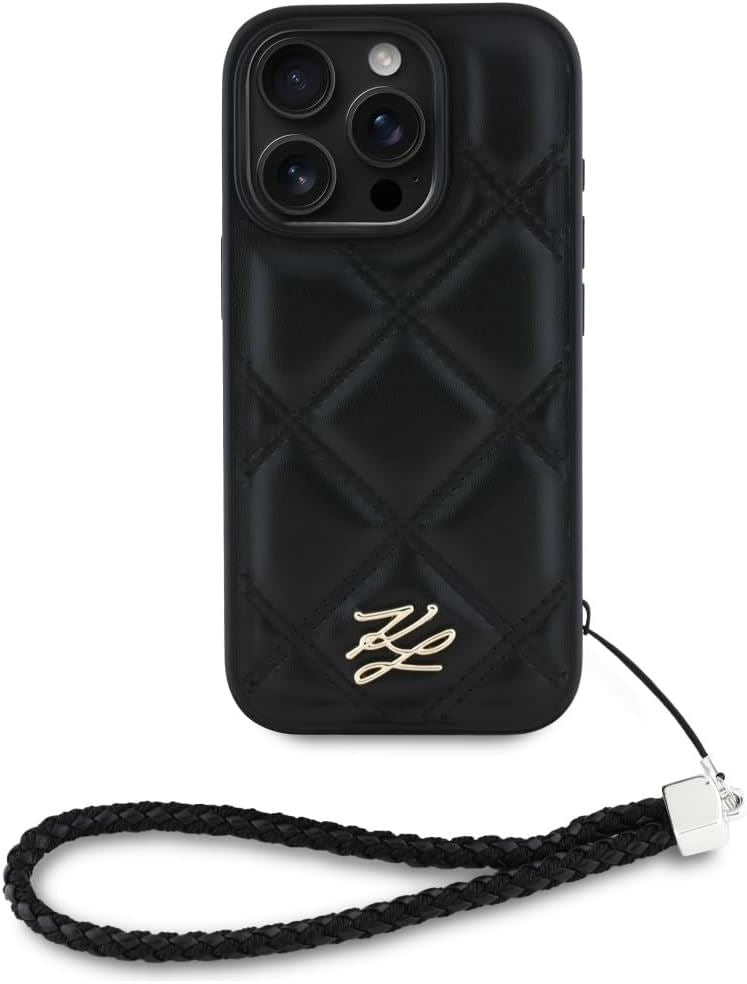 Karl Lagerfeld Quilted Initial Logo with Chain Strap Case for iPhone 16 Pro Max 6.9" Black - KLHCP16XPSQSKLSMSK