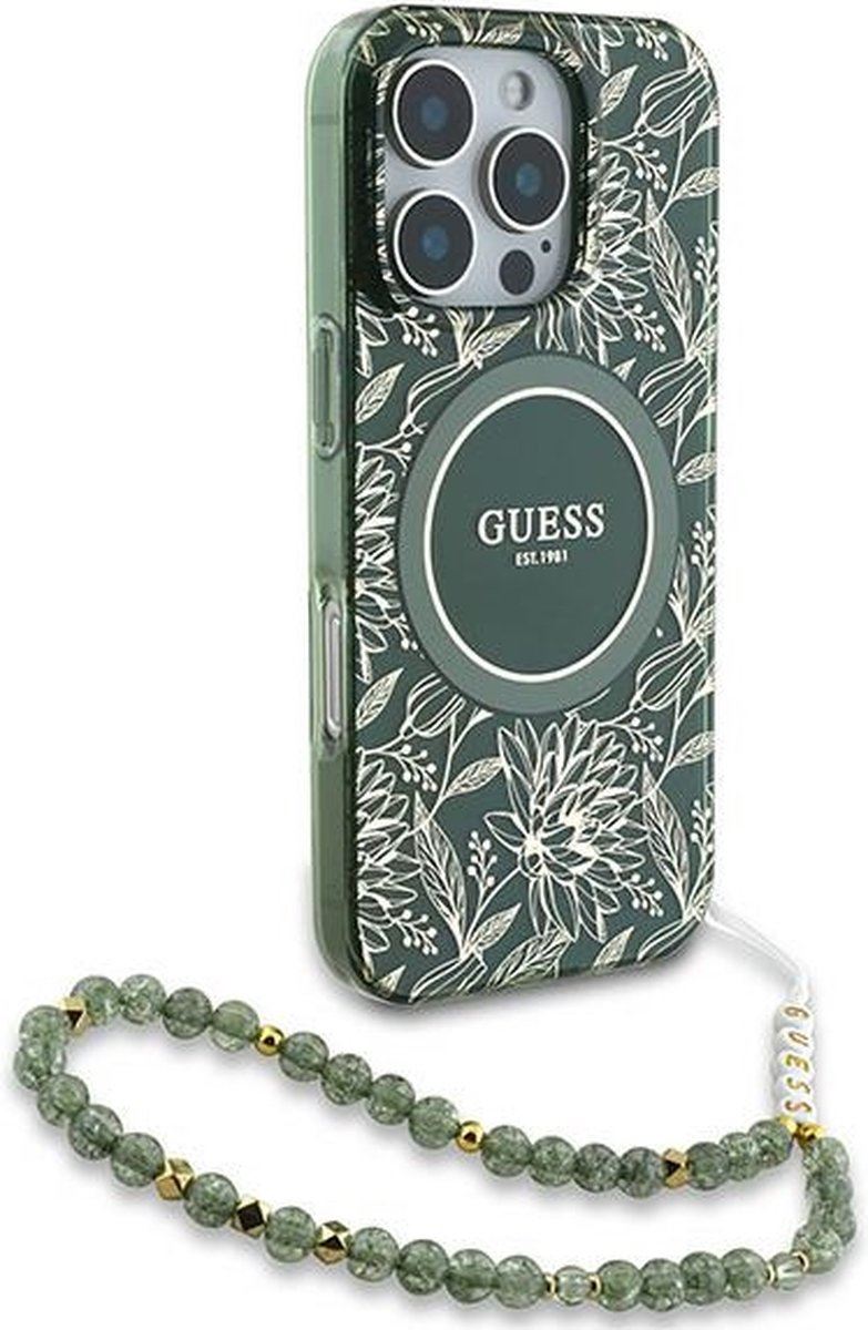 Guess IML Flowers Allover Electro and Pearl Strap Case with MagSafe for iPhone 16 Pro 6.3" Green - GUHMP16LHCPOFPA