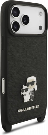 Karl Lagerfeld Saffiano Karl & Choupette Metal Pin Crossbody Strap Case for iPhone 17/18 Pro Max 6.9" Black - KLHCP18XSAKCPBK