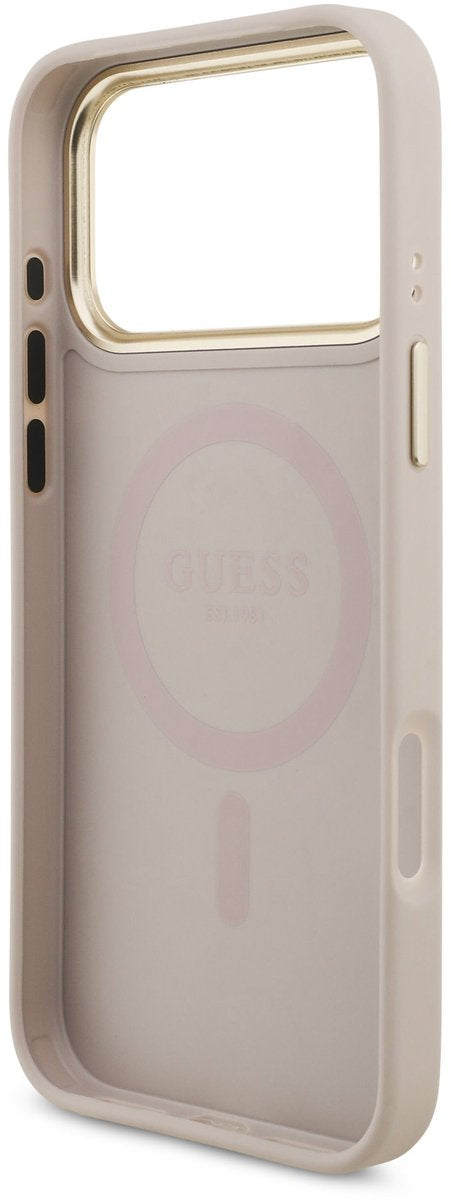 Guess PU Leather 4G Triangle Logo Gold Frame Case with MagSafe for iPhone 17 Pro Max 6.9" Pink - GUHMP17XP4GTDGMP