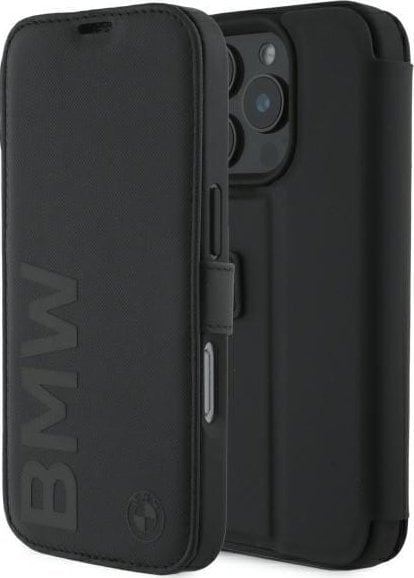BMW Signature Leather Wordmark Bookcase for iPhone 16 Pro 6.3" Black - BMBKP16L23RMRLK