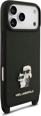 Karl Lagerfeld Saffiano Karl & Choupette Metal Pin Crossbody Strap Case for iPhone 17/18 Pro 6.3" Black - KLHCP18LSAKCPBK