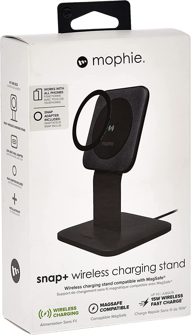 Mophie Qi 15W Snap+ Wireless Charging Stand Black with 20W USB C UK Plug