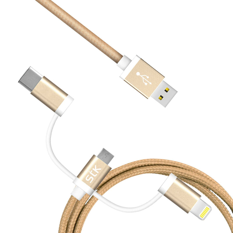 STK Binary 3 Charge & Sync 1 Metre Cable Micro USB Lightning Type C Gold